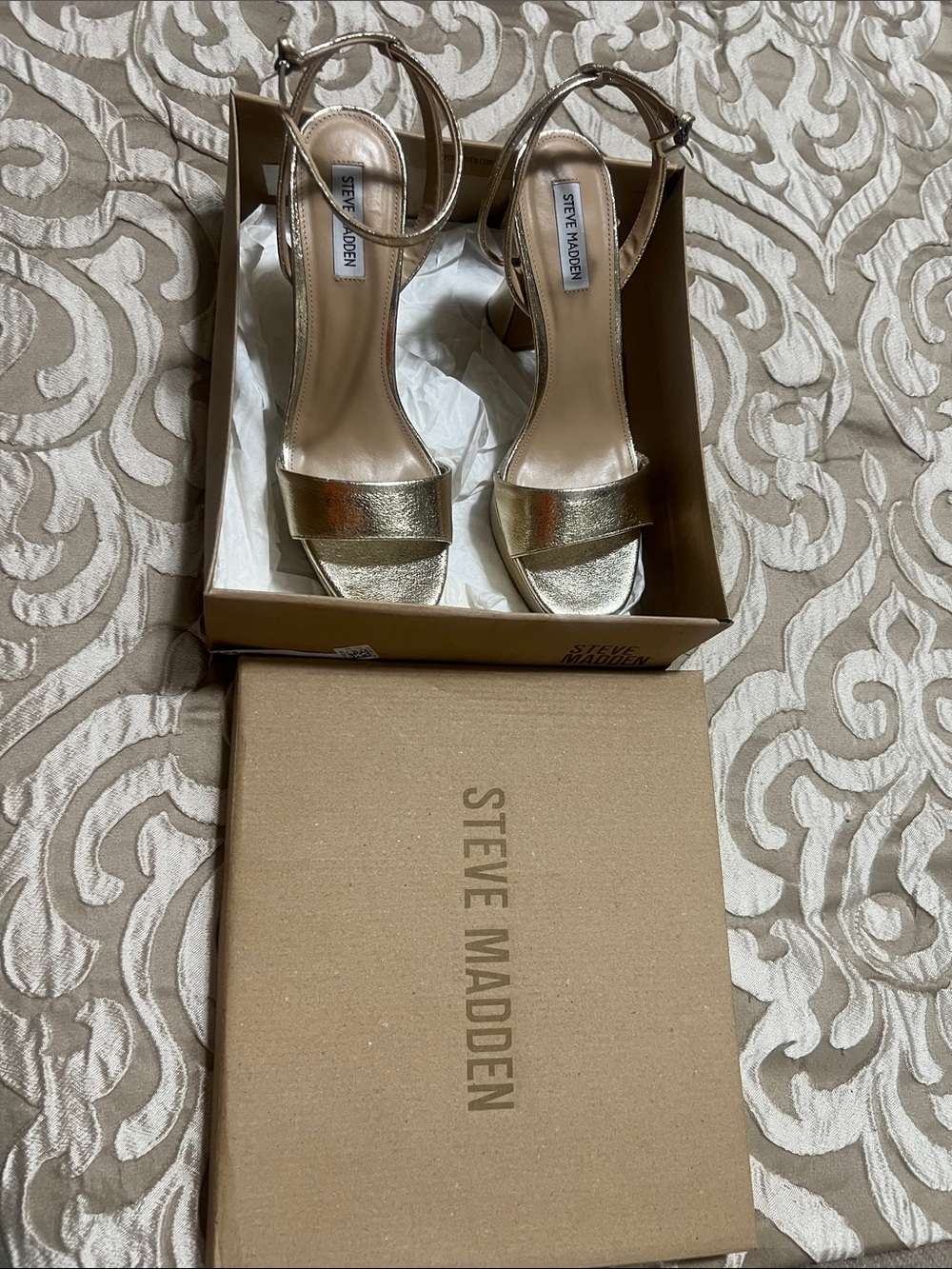 Steve Madden Metallic Gold Ankle-Strap Block Heels
